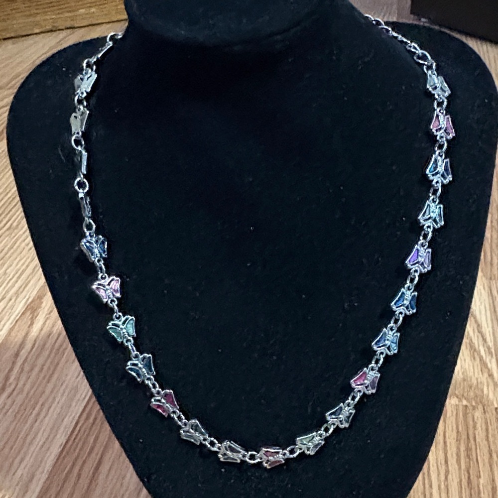 VINTAGE MULTICOLORED ABALONE SHELL BUTTERFLY SILVER-TONE 14 - 17" NECKLACE